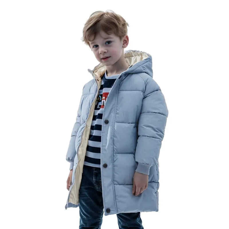 1-12Y Winter Kids Down Waterproof Jacket Boys Girls Solid Warm Parka Coat Cold Protection Hooded Cotton Windbreaker Outerwear SKY BLUE