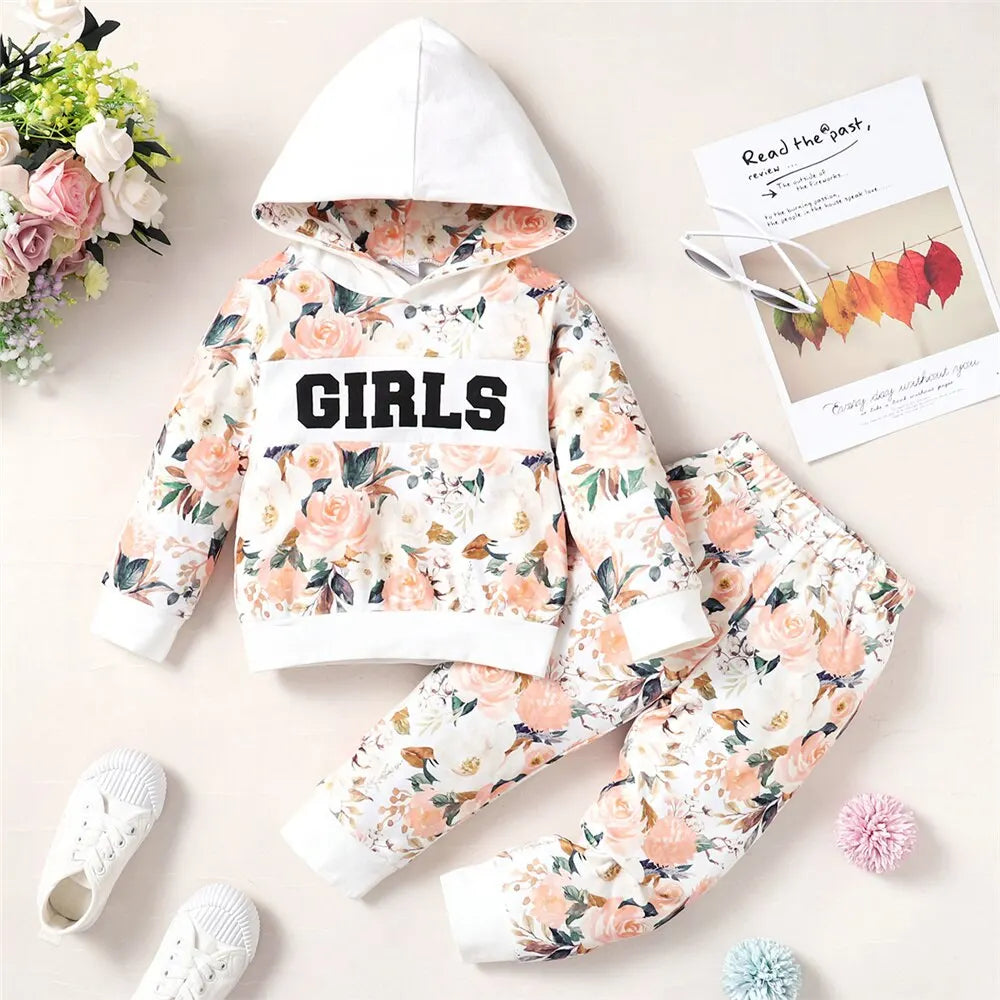 1-5 Years Kids Girl 2PCS Clothes Set Flower Print Hoodie Long Sleeve Top+Pant Autumn& Winter Warm Outfit for Girl Daily Wear Basso & Brooke