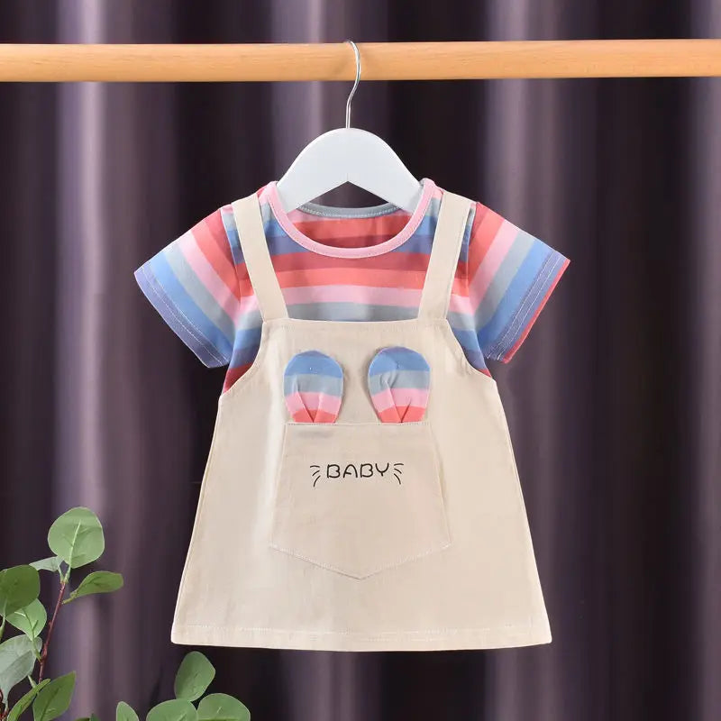 1-5Y Baby Girl Dress Colorful Striped Cute Toddler Princess Dress Cotton Children Clothing Short Sleeve Kid Girl Outfit A1134 YellowC