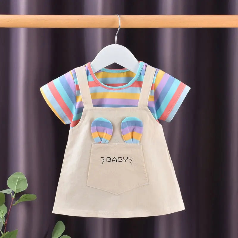 1-5Y Baby Girl Dress Colorful Striped Cute Toddler Princess Dress Cotton Children Clothing Short Sleeve Kid Girl Outfit A1134 YellowB