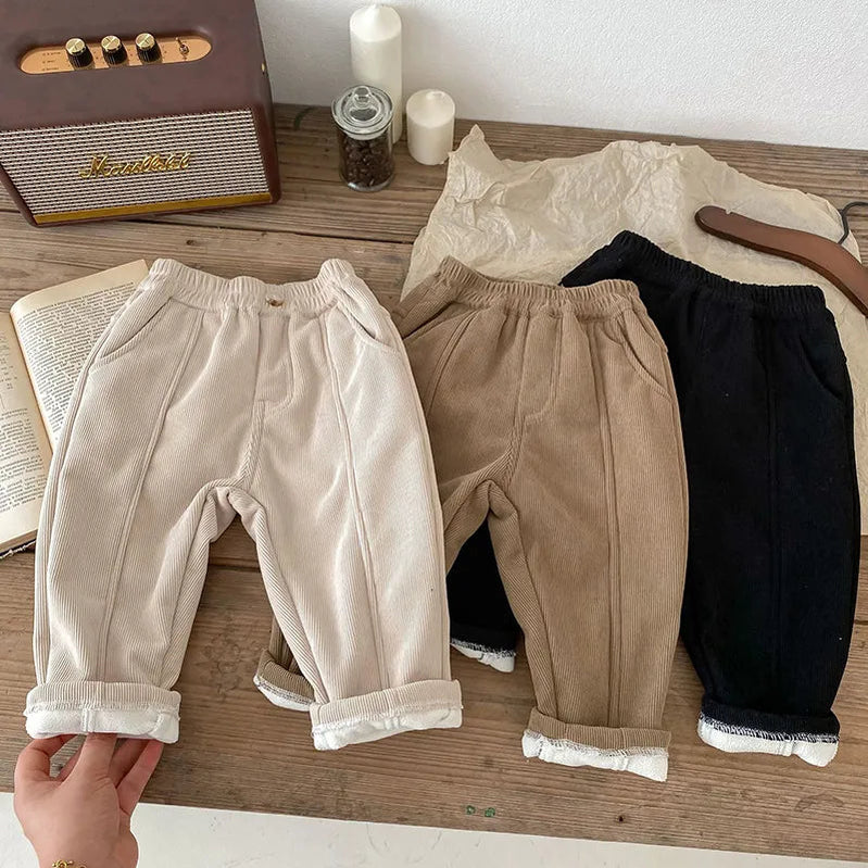 1-6Y Winter Warm Kids Pants Fur Lining Corduroy Fleece Boys Trousers Outerwear Clothing