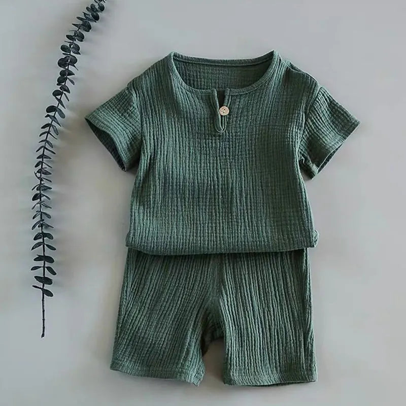 1 to 8 Years 2PCS/Set Cotton And Linen Retro Kids Children Clothes Suits Boys Girls Clothing Sets Baby Girls Clothes green