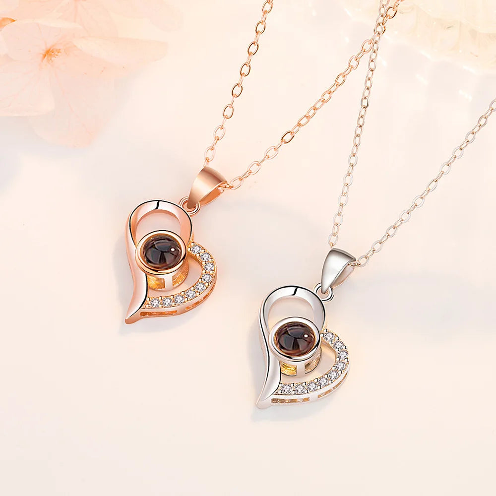 100 Languages I Love You Projection Heart Necklace With Rotating Rose Gift Box Hot Jewelry Set For Women Christmas Gifts