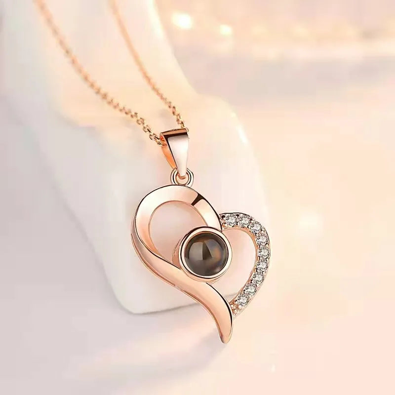 100 Languages I Love You Projection Heart Necklace With Rotating Rose Gift Box Hot Jewelry Set For Women Christmas Gifts
