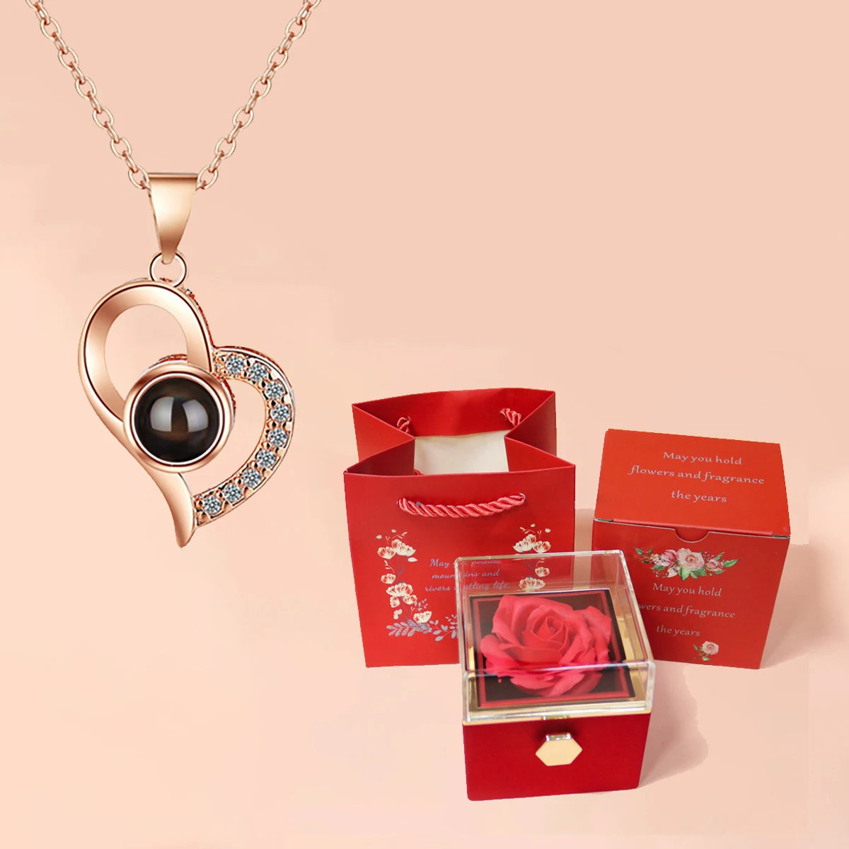 100 Languages I Love You Projection Heart Necklace With Rotating Rose Gift Box Hot Jewelry Set For Women Christmas Gifts gold-red 45cm