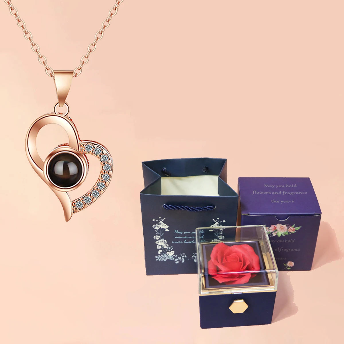 100 Languages I Love You Projection Heart Necklace With Rotating Rose Gift Box Hot Jewelry Set For Women Christmas Gifts gold-blue 45cm