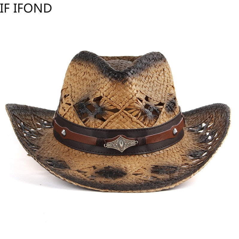 100% Natural Straw Women Men Western Cowboy Hat Summer Handmade Hollow Sombrero Hombre Beach Sun Hat  Cowgirl Jazz Hat Basso & Brooke