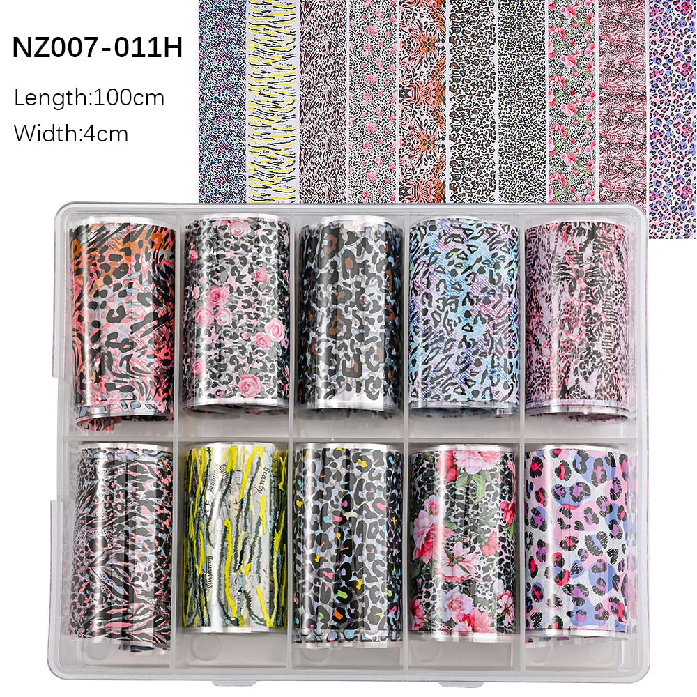 100 Patterns Animal Nail Foils 10ROLLS BOXED Transfer Paper Stickers Sliders DIY Water Marble Boxed Nail Foil NZ-1H 21