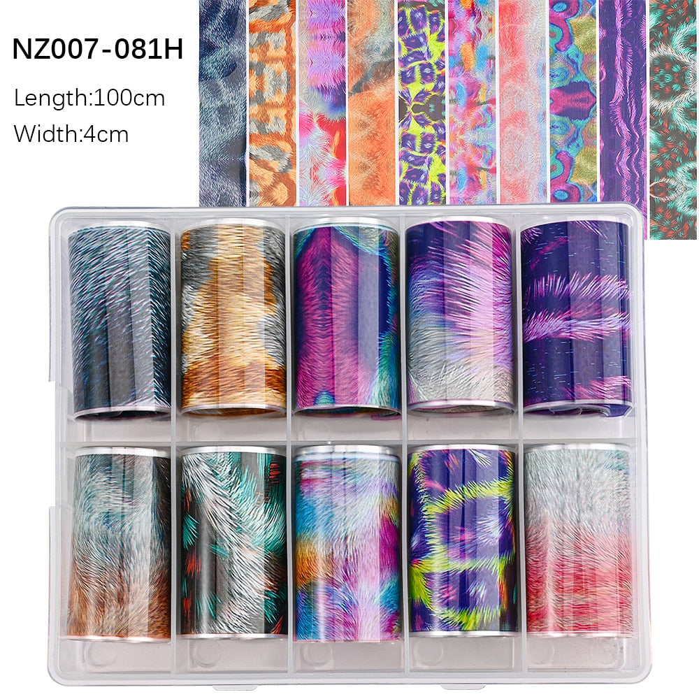 100 Patterns Animal Nail Foils 10ROLLS BOXED Transfer Paper Stickers Sliders DIY Water Marble Boxed Nail Foil NZ-1H 66