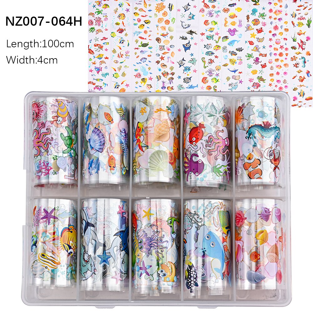 100 Patterns Animal Nail Foils 10ROLLS BOXED Transfer Paper Stickers Sliders DIY Water Marble Boxed Nail Foil NZ-1H 50