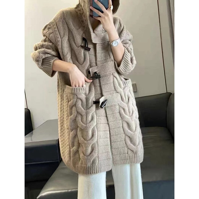 100% Pure Wool Cashmere Sweater Woman Hooded Collar Long-style Cardigan Knit Tops Autumn Winter Warmth Thick Horn Button Outwear Basso & Brooke