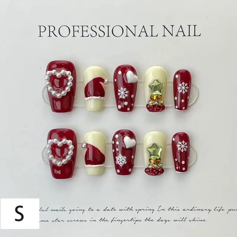 10Pcs Long False Nails Diamond Snowflake Design Press on Nails Tips Party Christmas Festival Double Color Mandarin Duck Manicure S Style B