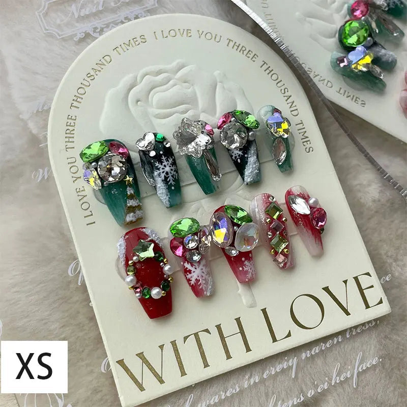 10Pcs Long False Nails Diamond Snowflake Design Press on Nails Tips Party Christmas Festival Double Color Mandarin Duck Manicure XS Style A