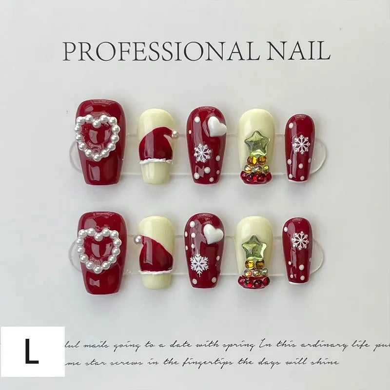 10Pcs Long False Nails Diamond Snowflake Design Press on Nails Tips Party Christmas Festival Double Color Mandarin Duck Manicure L Style B