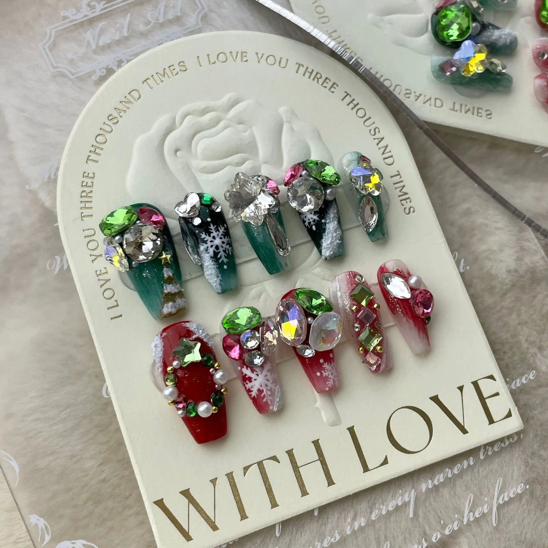 10Pcs Long False Nails Diamond Snowflake Design Press on Nails Tips Party Christmas Festival Double Color Mandarin Duck Manicure