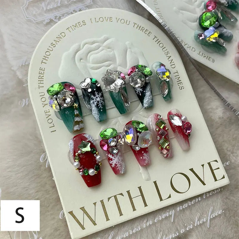 10Pcs Long False Nails Diamond Snowflake Design Press on Nails Tips Party Christmas Festival Double Color Mandarin Duck Manicure S Style A