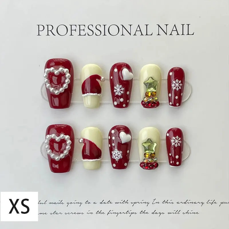 10Pcs Long False Nails Diamond Snowflake Design Press on Nails Tips Party Christmas Festival Double Color Mandarin Duck Manicure XS Style B