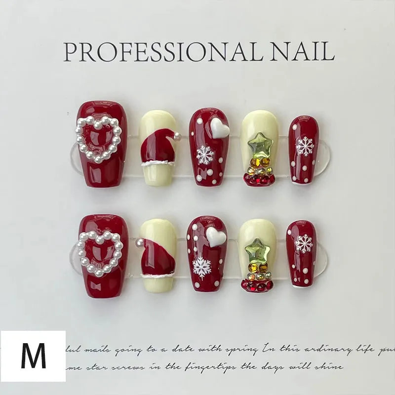 10Pcs Long False Nails Diamond Snowflake Design Press on Nails Tips Party Christmas Festival Double Color Mandarin Duck Manicure M Style B