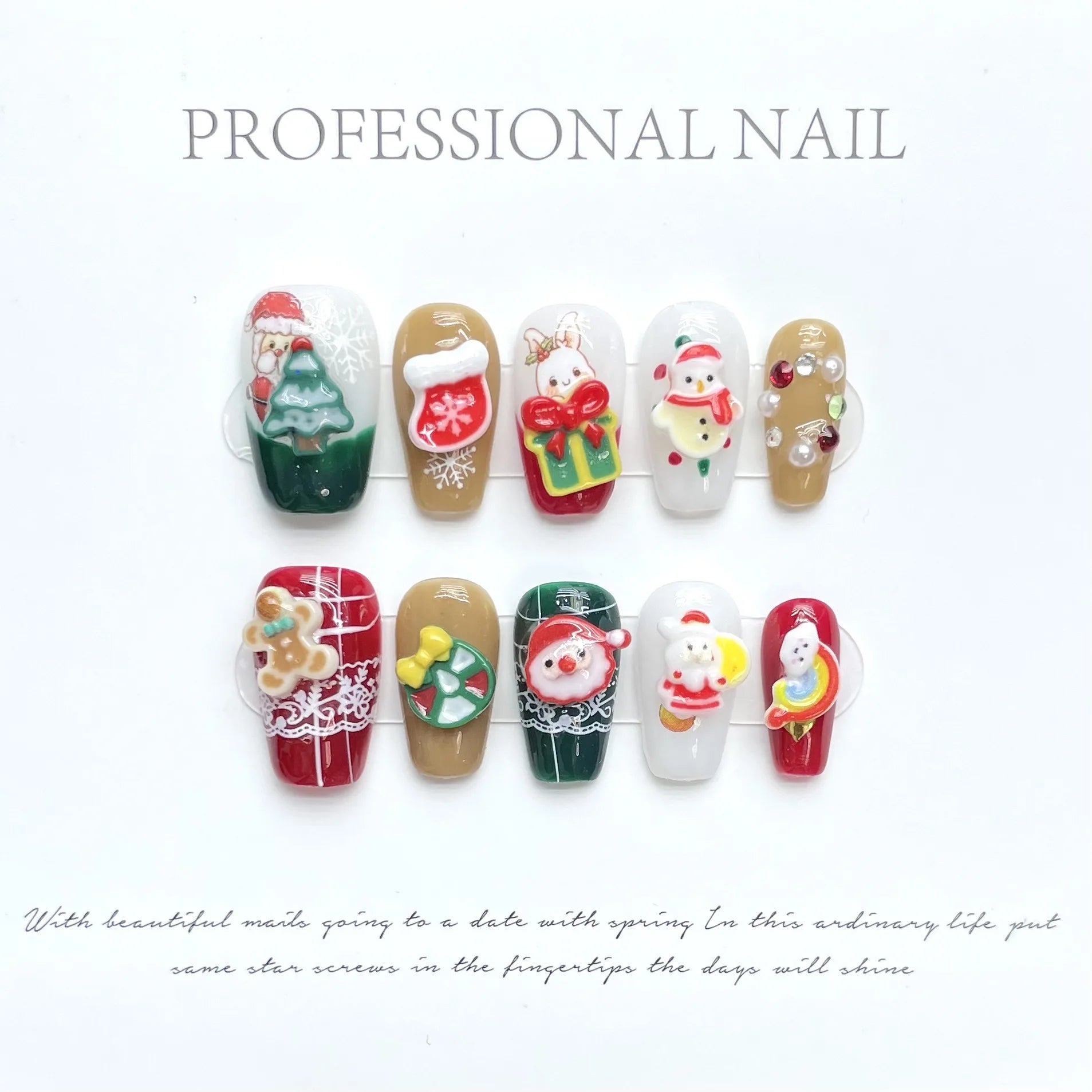 10pc Christmas designs press on acrylic nails short full cover red santa claus snowflake decorated handmade false nail with glue
