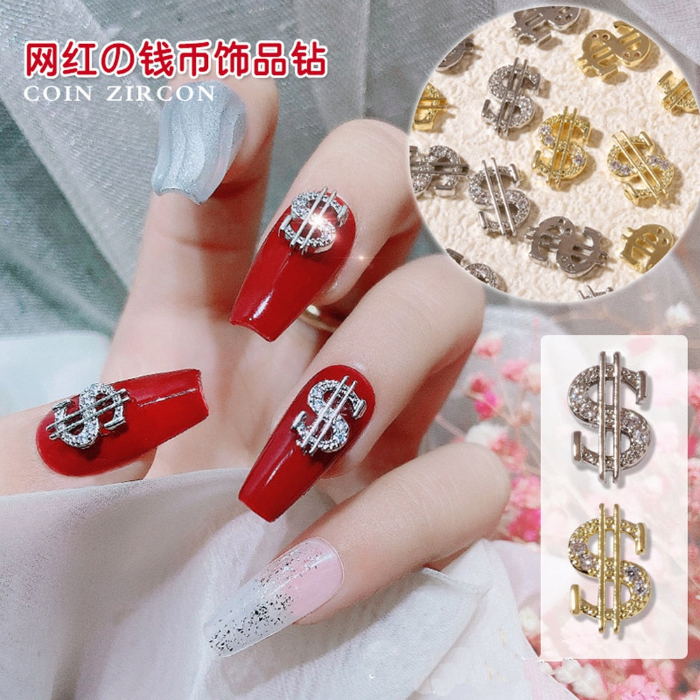 10pcs Gold Dollar Sign Nail Charm 3D Alloy New Trendy Money Press On Nail Rhinestone Jewelry Luxury DIY Manicure Supplies