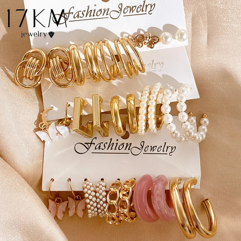 17KM Pearl Twist Hoop Earrings Set Butterfly Acrylic Dangle Earrings for Women Metal Hollow Gold Plated Earring Cartoon Jewelry Basso & Brooke