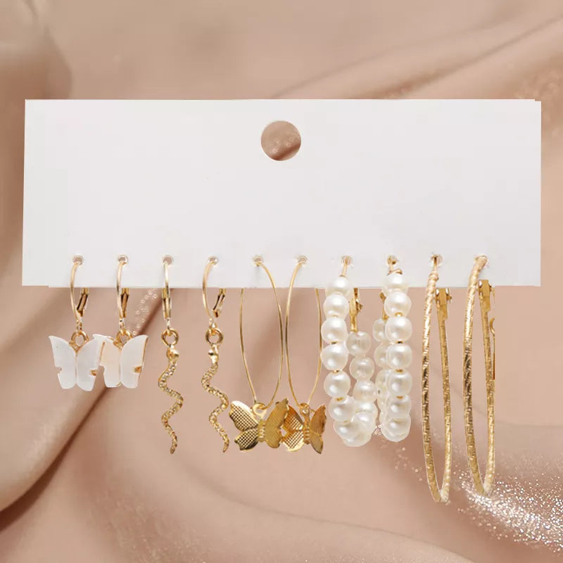 17KM Pearl Twist Hoop Earrings Set Butterfly Acrylic Dangle Earrings for Women Metal Hollow Gold Plated Earring Cartoon Jewelry No.44 CS53674