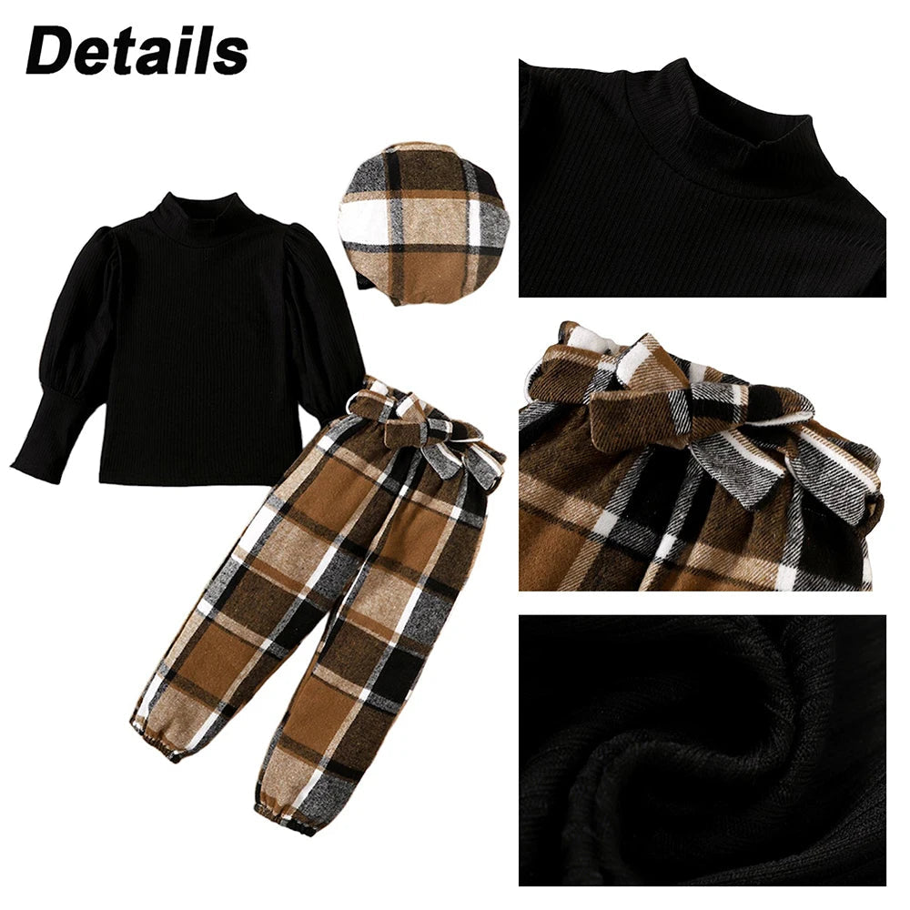 18M-6Y Autumn New Girls Suit Children Solid Color Puff Sleeve Top+Bow Plaid Pants+Hat 3PCS Girls Fashion Festival Outfit