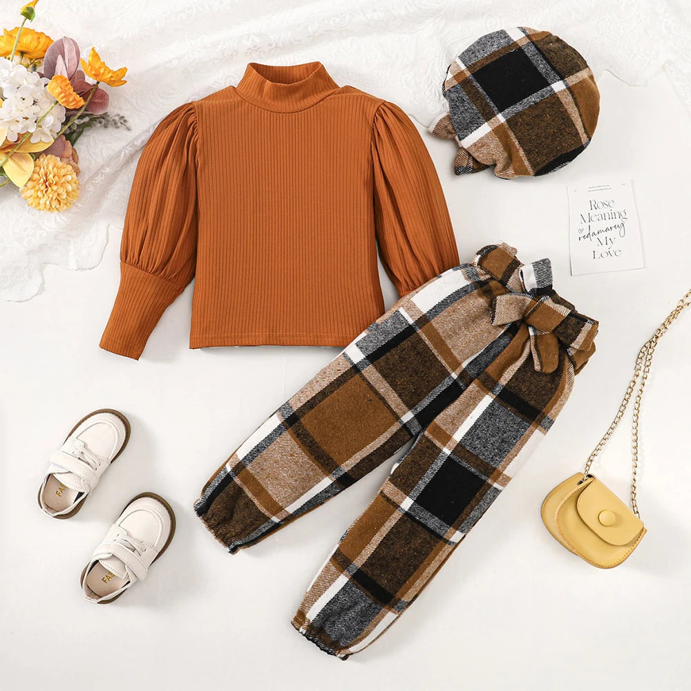 18M-6Y Autumn New Girls Suit Children Solid Color Puff Sleeve Top+Bow Plaid Pants+Hat 3PCS Girls Fashion Festival Outfit Brown