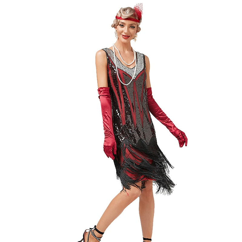 1920s Vintage Dress Beaded Sequin 30S Flapper Dresses Prom Wedding Women Vintage Dress V Neck Beaded Fringed Tassels Red