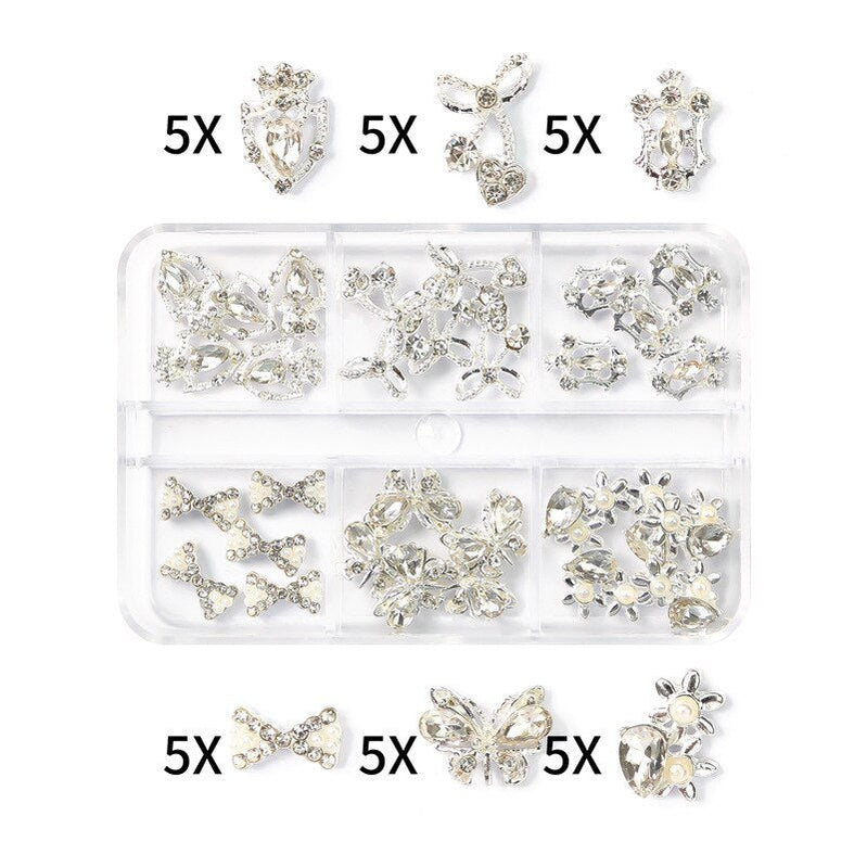 1Box Nail Art Rhinestones Crystal Glass Gems Decorations 3D Alloy Heart Nail Charms Luxury Nail Diamonds DIY Nail Supply Jewelry XZCR-17