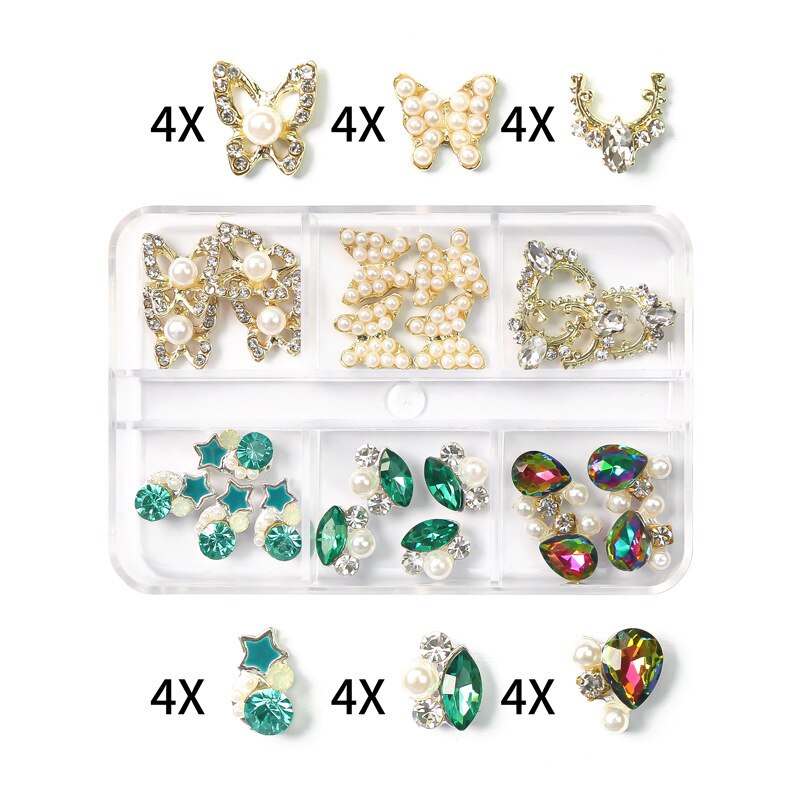 1Box Nail Art Rhinestones Crystal Glass Gems Decorations 3D Alloy Heart Nail Charms Luxury Nail Diamonds DIY Nail Supply Jewelry XZCR-12