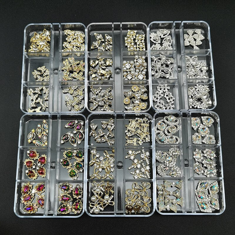 1Box Nail Art Rhinestones Crystal Glass Gems Decorations 3D Alloy Heart Nail Charms Luxury Nail Diamonds DIY Nail Supply Jewelry