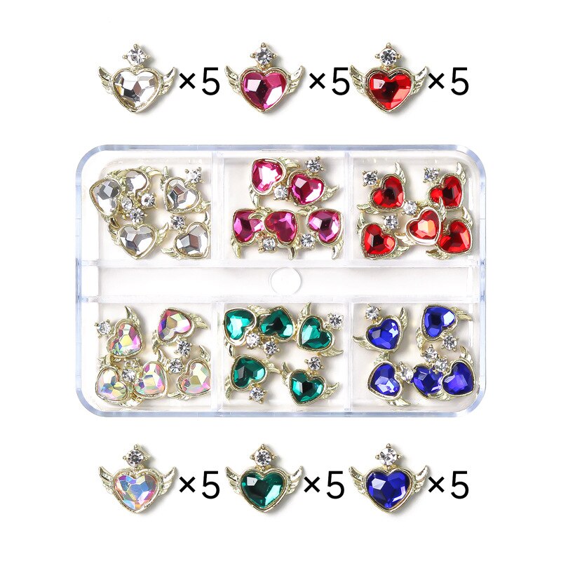1Box Nail Art Rhinestones Crystal Glass Gems Decorations 3D Alloy Heart Nail Charms Luxury Nail Diamonds DIY Nail Supply Jewelry XZCR-32