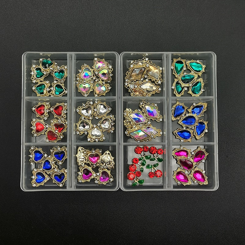 1Box Nail Art Rhinestones Crystal Glass Gems Decorations 3D Alloy Heart Nail Charms Luxury Nail Diamonds DIY Nail Supply Jewelry