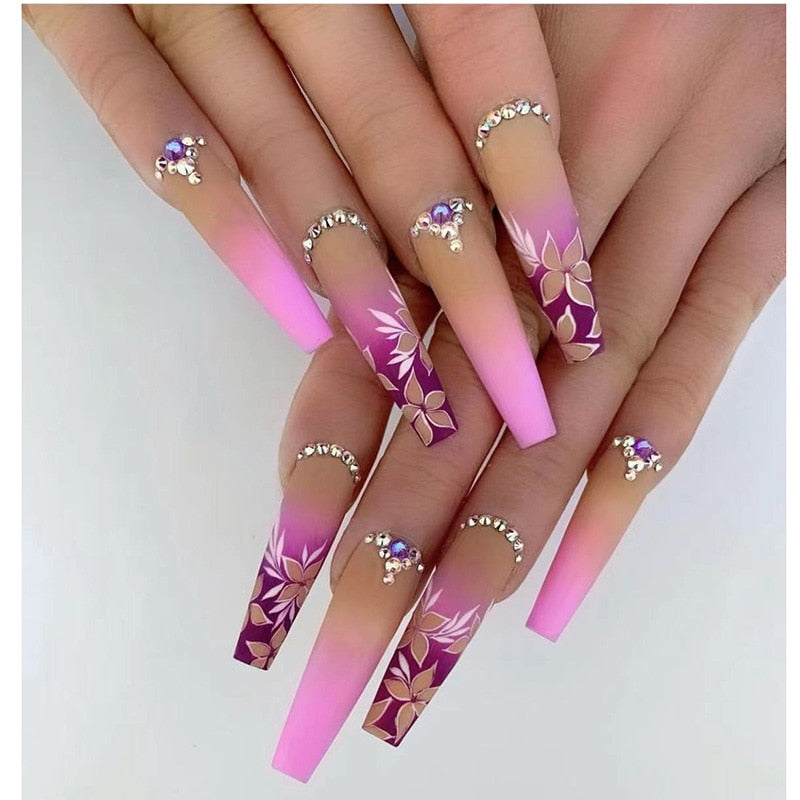 1Kit Gradient Ramp Purple Nail Tips Long Square Ballerina Luxury Nail Decoration With Rhinestones Home DIY Press On Coffin Nails CY47