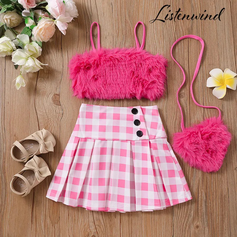 2-8Y Children Kids Baby Girls Clothes Sets Toddler Outfits Summer Plush Vest Tops Plaid Ruffle Skirts Crossbody Baby