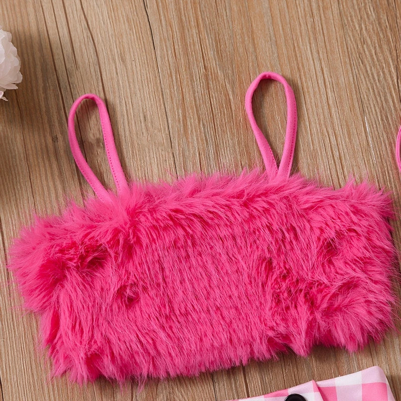 2-8Y Children Kids Baby Girls Clothes Sets Toddler Outfits Summer Plush Vest Tops Plaid Ruffle Skirts Crossbody Baby