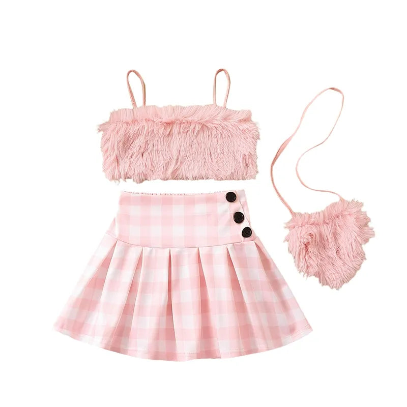 2-8Y Children Kids Baby Girls Clothes Sets Toddler Outfits Summer Plush Vest Tops Plaid Ruffle Skirts Crossbody Baby B
