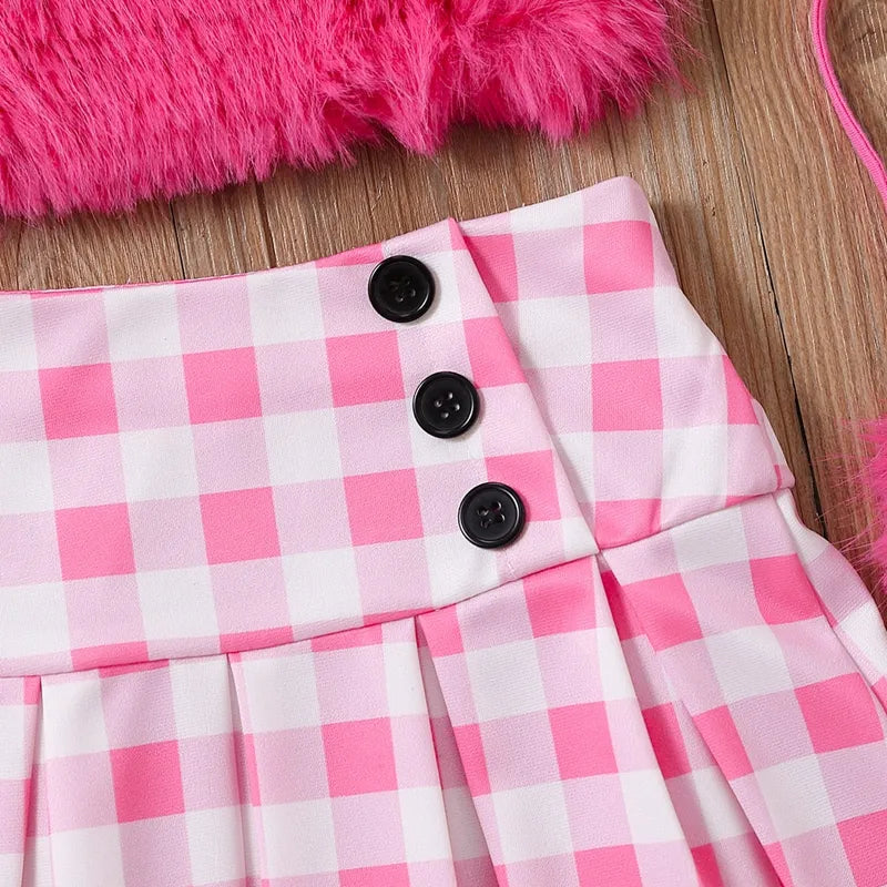 2-8Y Children Kids Baby Girls Clothes Sets Toddler Outfits Summer Plush Vest Tops Plaid Ruffle Skirts Crossbody Baby