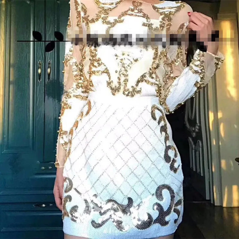 2 Pcs Set Women Sparkling Sequin Gold Crop Tops Flower Shirt Shiny Transparent Gauze With Mini Short Skirt Night Club Party 288