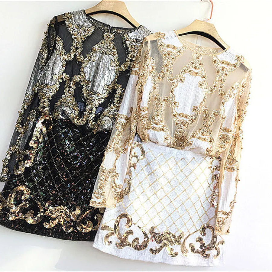 2 Pcs Set Women Sparkling Sequin Gold Crop Tops Flower Shirt Shiny Transparent Gauze With Mini Short Skirt Night Club Party 288