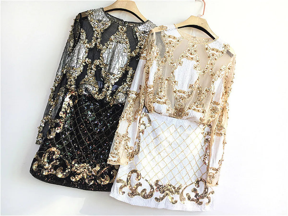 2 Pcs Set Women Sparkling Sequin Gold Crop Tops Flower Shirt Shiny Transparent Gauze With Mini Short Skirt Night Club Party 288
