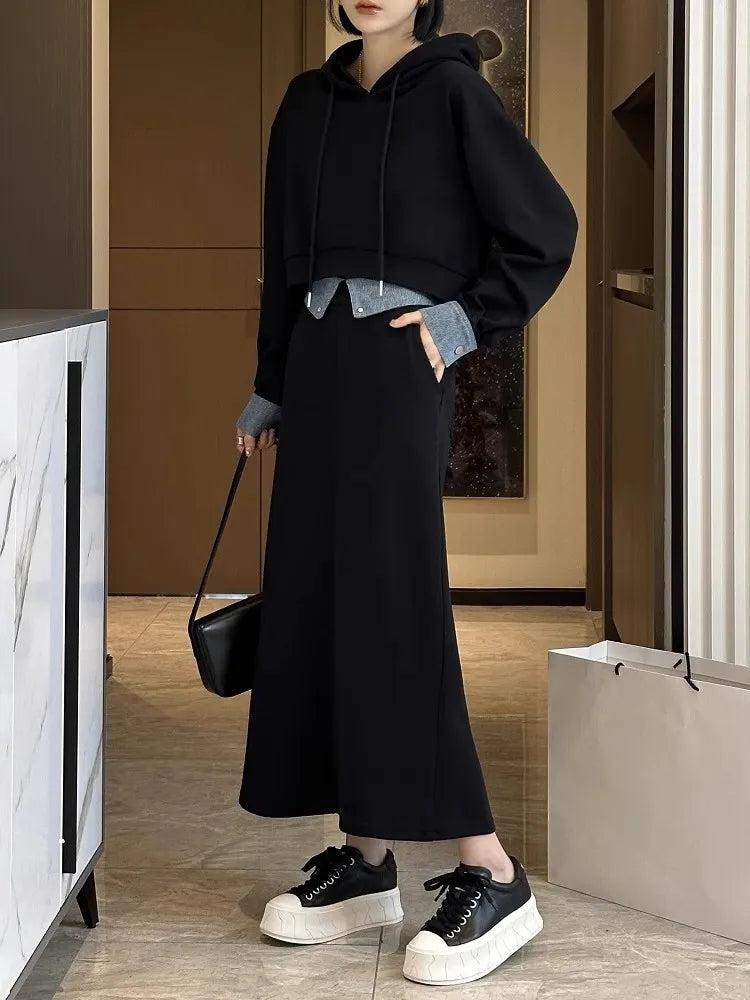2 Piece Set Skirt and Top Autumn Korean Fashion Solid Long Sleeve Hooded Sweater Casual Skirt Sets Matching Sets Dress Sets Black