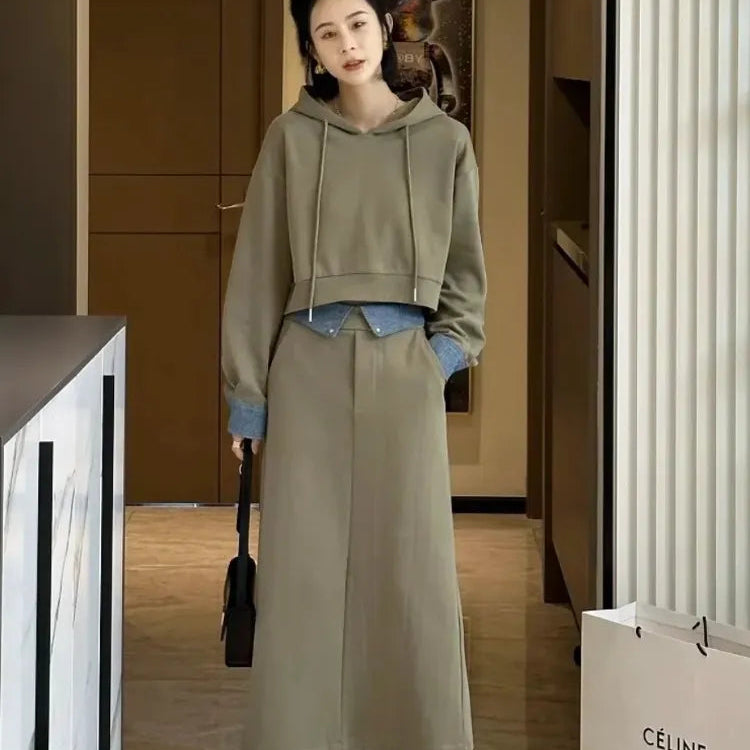 2 Piece Set Skirt and Top Autumn Korean Fashion Solid Long Sleeve Hooded Sweater Casual Skirt Sets Matching Sets Dress Sets Khaki Green