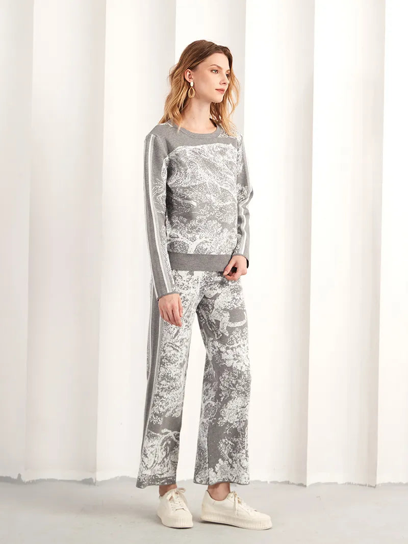 2 Pieces Set Knitted Animal Print Sets Women O Neck Long Sleeve Knitwear+Wide Leg Long Pants Casual Patch Fashion GRAY One Size