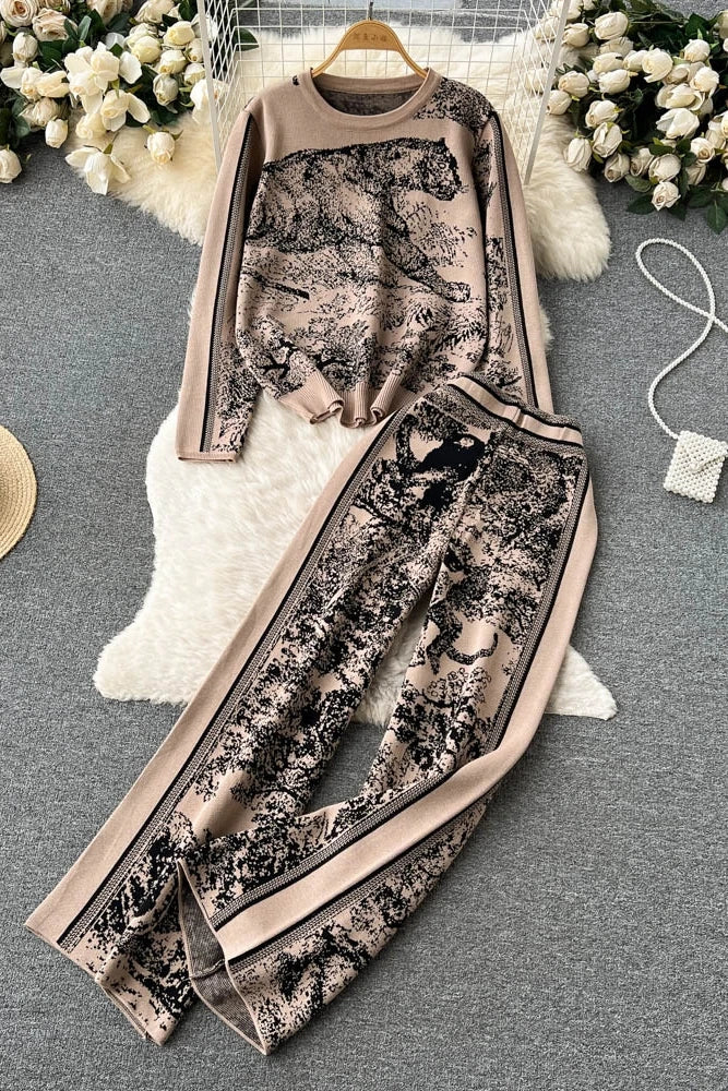 2 Pieces Set Knitted Animal Print Sets Women O Neck Long Sleeve Knitwear+Wide Leg Long Pants Casual Patch Fashion
