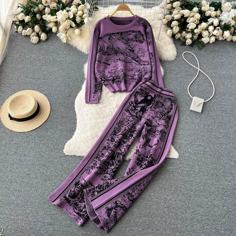 2 Pieces Set Knitted Animal Print Sets Women O Neck Long Sleeve Knitwear+Wide Leg Long Pants Casual Patch Fashion