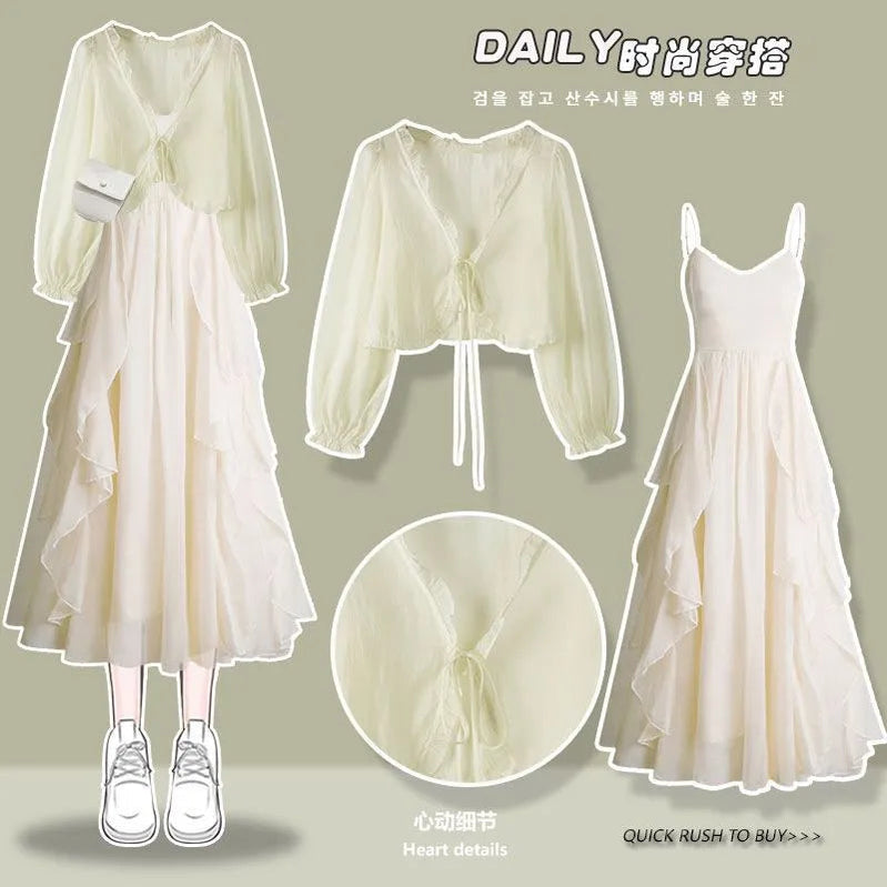 2 Pieces Sets Women Crop Tops Slim T-shirts + Strap Dress Set Korean Style New Fashion Summer Y2k Sexy Sweet Basso & Brooke