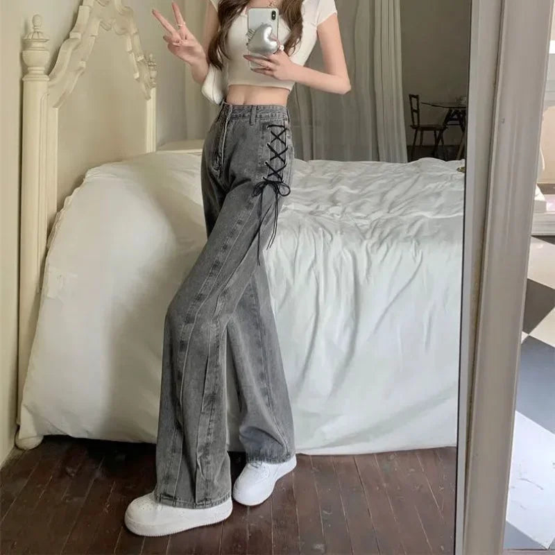 2000s Y2k Bandage Baggy Jeans Women Korean Style Oversize Denim Pants Vintage Harajuku Streetwear Wide Leg Trousers pic