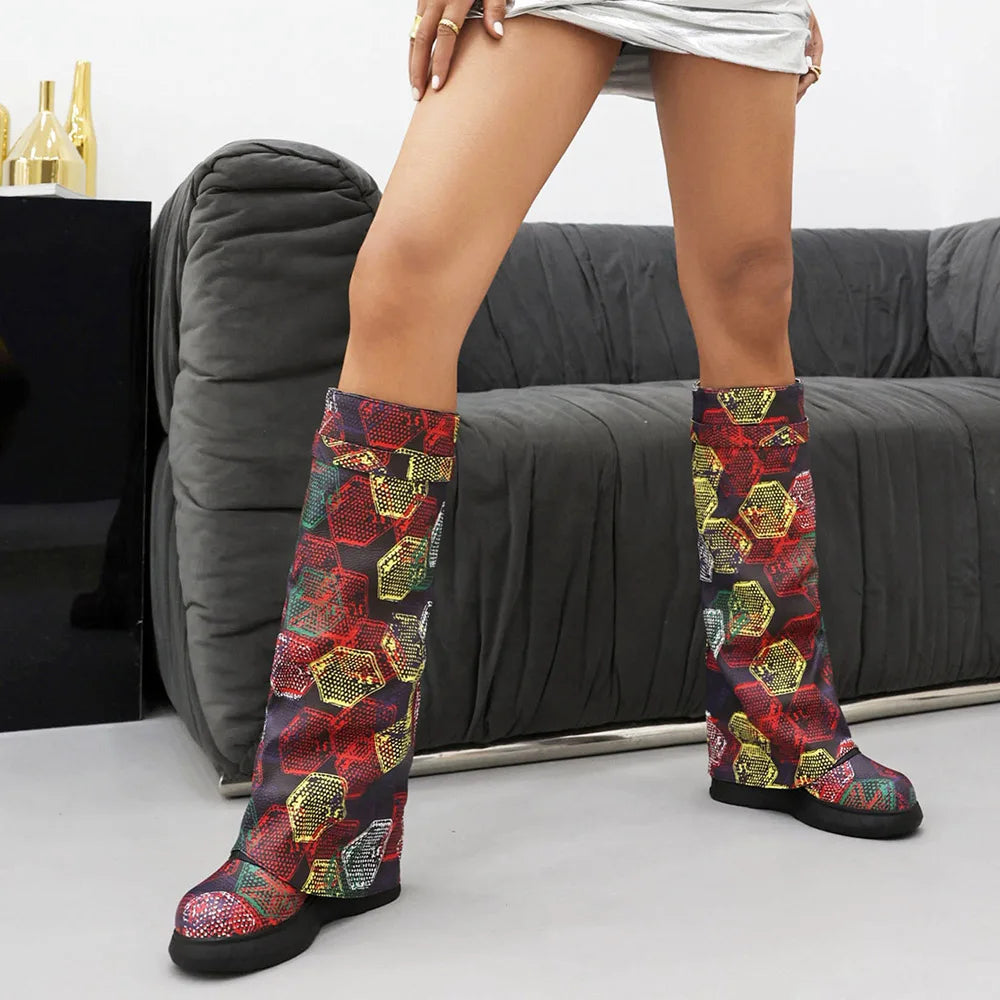 2024 Autumn New Arrival Women's Winter Fashion Colorful Loose Chimney Pipe Wedges Zipper Knee Snake Pattern Large Boot